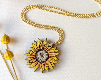 Mini Golden Sunflower Hand-Painted Cottagecore Wood Necklace