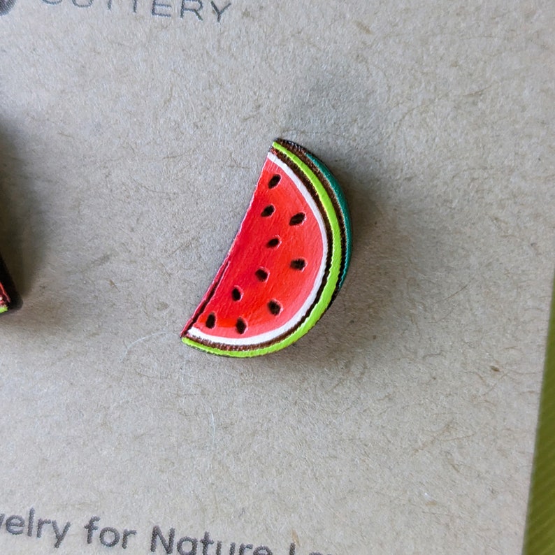 Watermelon Half Slice Hand-Painted Cottagecore Wood Stud Earrings image 3