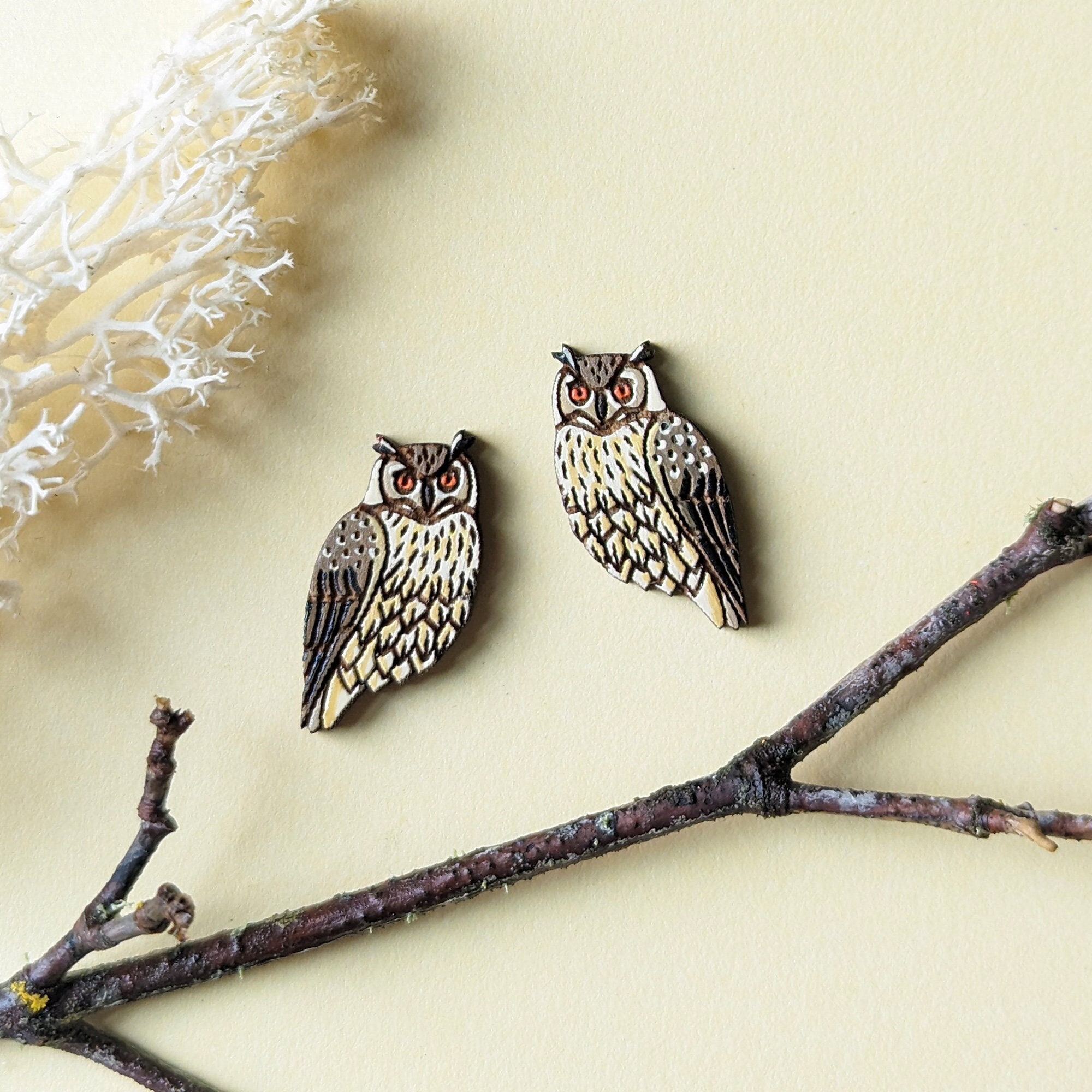 Eagle Owl Bird Hand-Painted Wood Stud Earrings