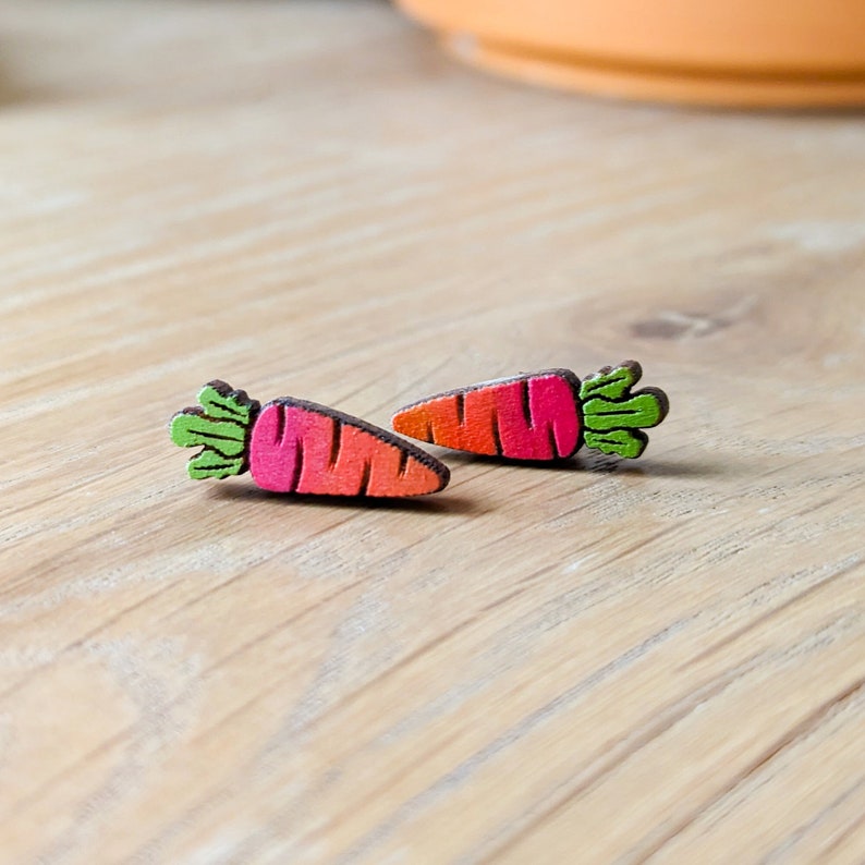 Rainbow Carrot Hand-Painted Cottagecore Wood Veggie Stud Earrings image 3