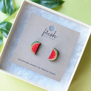 Watermelon Half Slice Hand-Painted Cottagecore Wood Stud Earrings image 7