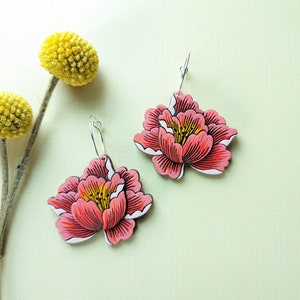 Peony Flower 'Coral Sunset' Hand Painted Cottagecore Layered Wood Earrings Silver Hoops