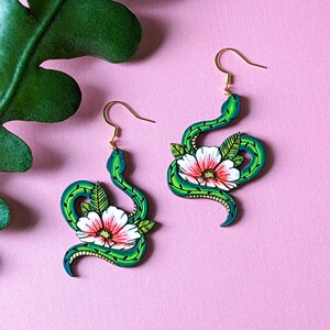 Snake Flower Tattoo Hand-Painted Wood Earrings