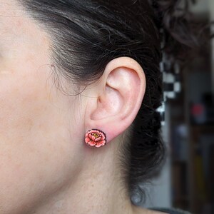 Peony Flower Hand-Painted Cottagecore Wood Stud Earrings image 2