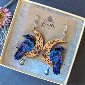 Mystical Raven/Crow Moon Hand-Painted Layered Wood Earrings image 9