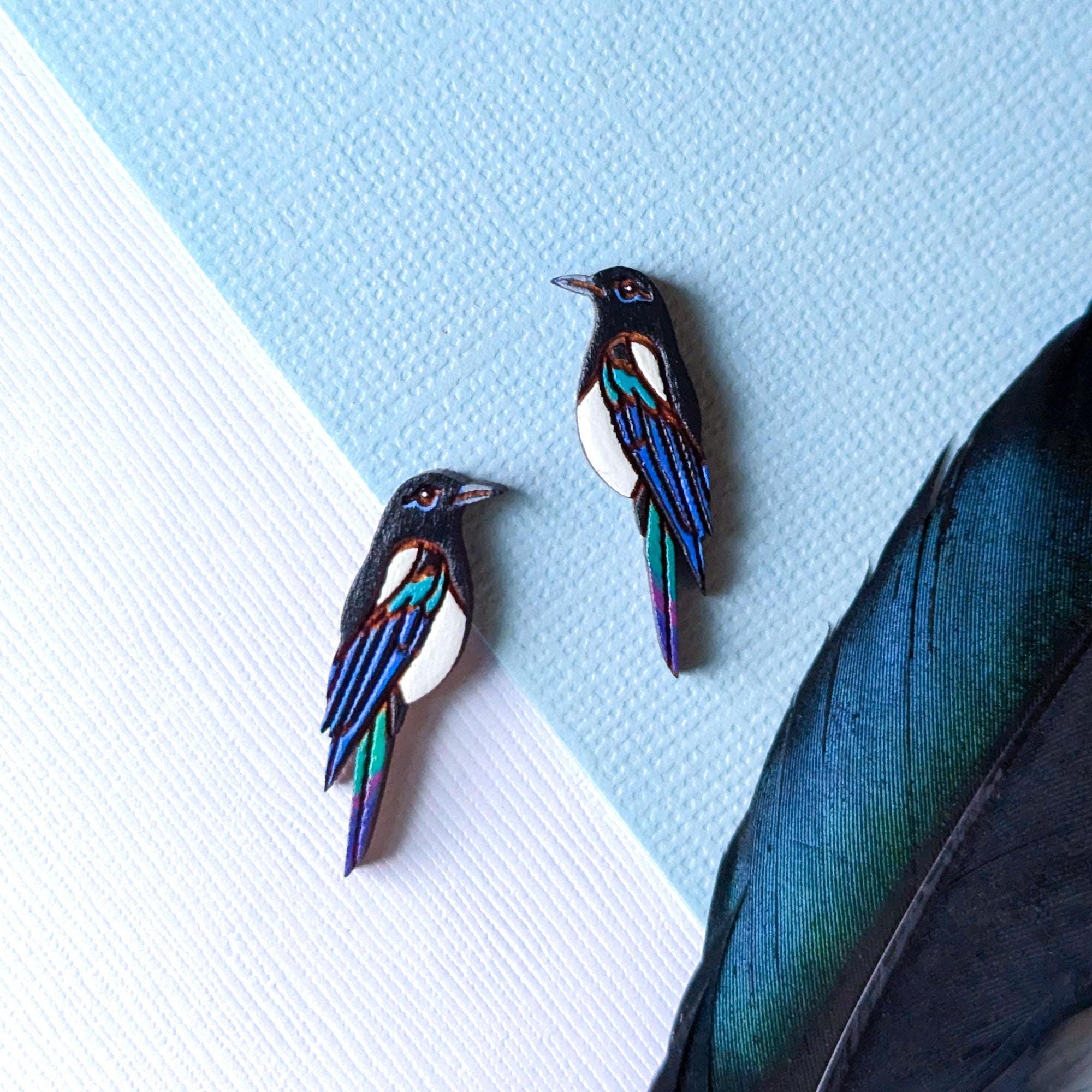 Black-Billed Magpie Bird Hand-Painted Wood Stud Earrings