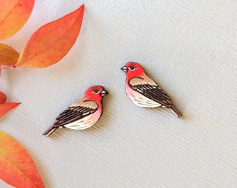 House Finch Bird Hand Painted Cottagecore Wood Stud Earrings