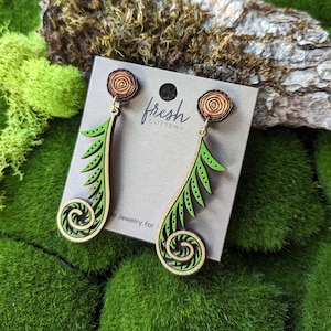 Golden Fiddlehead Fern Hand-Painted Cottagecore Wood Earrings image 7