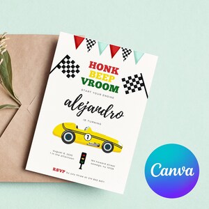 Race Car Theme 1st Birthday Invitation, 1st Birthday Bash, Racing Theme, Honk Beep Vroom, Minimalist Editable Canva Template, BPI003