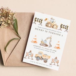 Construction Theme Birthday Party Invitation, Dump Truck Backhoe Bulldozer Excavator, Any age,  Canva Template,  Instant Download,  BP1017