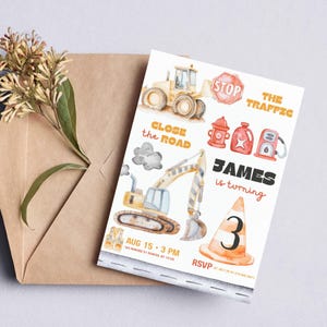 Construction Theme Birthday Party Invitation, Dump Truck Backhoe Bulldozer Excavator, Any age,  Canva Template,  Instant Download,  BP1020