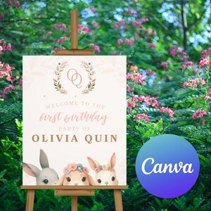 Little Bunny Birthday Welcome Sign, Hop Printable Floral Watercolor, Canva Template, Editable Rabbit Party Invite, 1st Birthday Girl, BPI006