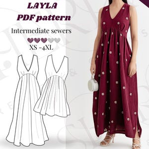 Könnte beinhalten: Ein bordeauxfarbenes Maxikleid mit weißer Blumenstickerei und V-Ausschnitt. Das Bild zeigt auch ein PDF-Schnittmuster für das Kleid "Layla", erhältlich in den Größen XS bis 4XL, und den Text "Intermediate sewers."