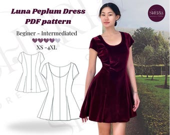 Luna Peplum Dress Sewing Pattern: Beginner-Intermediate DIY (XS-4XL) (PDF Pattern)