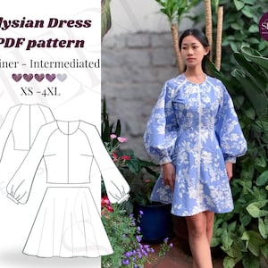 Elysian Kleid Schnittmuster | PDF Kleider Schnittmuster mit Puffärmel | Anfänger bis Fortgeschrittene DIY Kleid | XS-4XL | Sofort Download