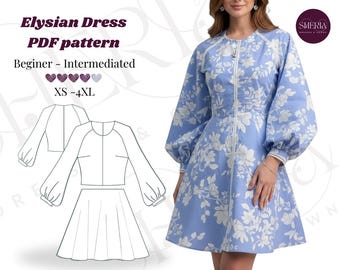Elysian Dress Sewing Pattern | PDF Dress Pattern with Puff Sleeves | Beginner to Intermediate DIY Dress | XS-4XL | Instant Download