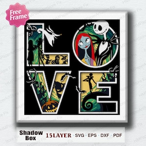 May include: A layered shadow box art piece spelling "LOVE" with characters from The Nightmare Before Christmas. The letters are white, with a black background. The inside of the letters have a yellow and green background with characters from the movie.