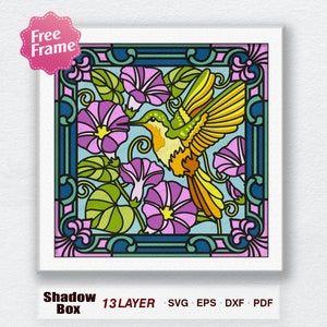 Morning Glory Blumen mit Vogel Standglas Schatten Box svg, Glasmalerei 3D Box, für Cricut-Datei, Morning Glory Blumen, Morning Glory svg