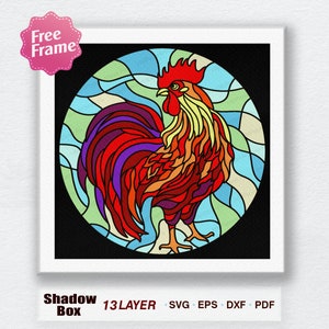 May include: A stained glass rooster design with a red, orange, yellow, purple, and blue color scheme. The rooster is standing on a black background with a circular frame.