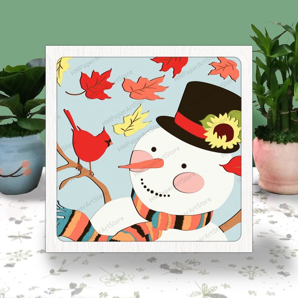 Snowman And Cardinal 3D Box Paper Cut Snowman Light Box Svg Shadow Box Svg For Cricut File, 3D Decor Christmas SVG, Merry Christmas svg