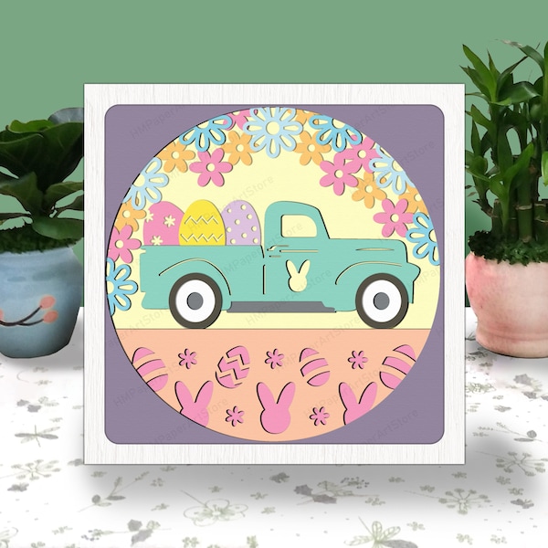 EASTER TRUCK 3D Box Paper Cut Light Box Svg, Spring Truck Easter Shadow Box Svg Cricut File Cutting Cricut, Easter Bunny Shadow Paper Cut