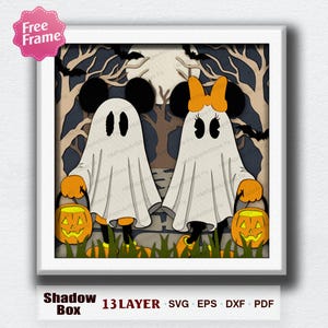 May include: A 13-layer shadow box art piece featuring two ghost figures with mouse ears, one wearing an orange bow, holding orange jack-o'-lantern buckets. The scene includes a full moon, bare trees, and bats in a dark forest setting.