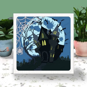 Nawiedzony Dom 3D Pudełko Papierowe Wycinane Światło Pudełko SVG, Nawiedzony Dom Cień Pudełko SVG Cricut Plik Cięcie Cricut, Dekoracja Halloween, Cień Pudełko 3D