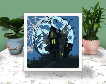 Spukhaus 3D Box Papierschnitt Licht Box SVG, Spukhaus Schattenbox SVG Cricut-Datei Schneiden Cricut, Halloween-Dekor, Schatten 3D Box