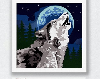 May include: Two grey wolves howl at the moon in a dark blue forest setting. The moon is a light blue and white color and there are stars in the night sky.