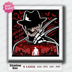 Puede incluir: Una pieza de arte de caja de sombras que presenta a Freddy Krueger. La obra de arte incluye el texto "NEVER SLEEP AGAIN" y una silueta de una figura con sombrero. El diseño incorpora murciélagos, un esquema de color rojo y negro y un fondo de pared de ladrillo.