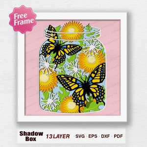 Mason Jar Dandelion e Butterfly Shadow Box SVG, Dente di leone e farfalla SVG, Mason Jar 3D Box, Per Cricut, Mason Jar Dandelion Decor