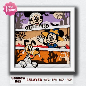 May include: A multi-layered shadow box art piece featuring Mickey Mouse as a mummy, Minnie Mouse as a witch, and Pluto as a mummy in a Halloween setting. The design includes bats, a spider web, a haunted house, and tombstones. Text reads 15LAYER SVG EPS DXF PDF.