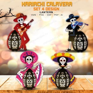 Könnte beinhalten: Ein digitales Design-Set mit dem Titel MARIACHI CALAVERA SET 4 DESIGN LANTERN, das vier Skelettfiguren in traditioneller Kleidung zeigt. Zwei Figuren spielen Instrumente, eine Gitarre und eine Geige, während zwei Kleider tragen. Jede Figur ist mit einer schwarzen Laterne kombiniert.
