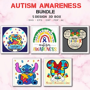 Bundle AUTISME 3D boîte papier découpé Svg, boîte à lumière arc-en-ciel ruban Svg Cricut fichier coupe Cricut, autisme ombre papier découpé/K552