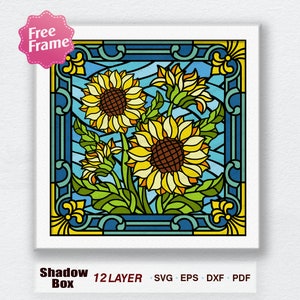 Vitrail tournesol Shadow Box Svg, vitrail tournesol Light Box Svg, pour Cricut, boîte 3D tournesol, svg tournesol
