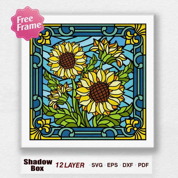 Stained Glass Sunflower Shadow Box Svg, Stained Glass Sunflower Light Box Svg, For Cricut, Sunflower 3D Box, Sunflower svg
