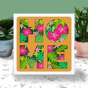 HOME Verano 3D Caja Caja de luz cortada en papel Svg, Caja de sombra hawaiana Svg Cricut Archivo Corte Cricut, Corte de papel de sombra de flores tropicales