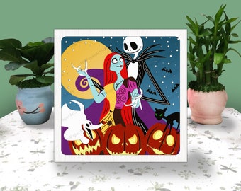Love Jack and Sally 3D Box Paper Cut, Nightmare Before Light Box Svg, Jack and Sally Shadow Box Svg, For Cricut File, Cartoon SVG, Halloween