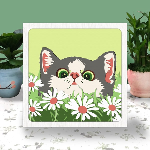 Baby Cat Cute 3D Box Paper Cut Light Box Svg, Cute Cat Shadow Box Svg Daisy Cricut File Cutting Cricut Shadow Paper Cut