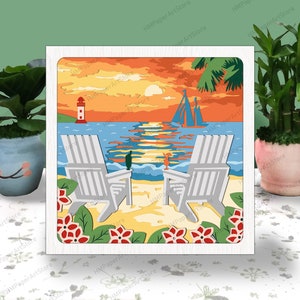 Papier découpé 3D sur la plage, boîte à lumière SVG, camping Shadow Box SVG, fichier Cricut coupe Cricut, ombre sur la plage coucher de soleil en papier découpé, bricolage