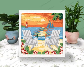 Beach Sunset 3D Box Paper Cut Light Box SVG, Camping Shadow Box SVG, Cricut File Cutting Cricut, Beach Sunset Shadow Paper Cut, DIY