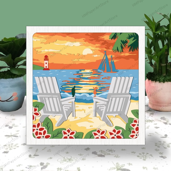 Beach Sunset 3D Box Paper Cut Light Box SVG, Camping Shadow Box SVG, Cricut File Cutting Cricut, Beach Sunset Shadow Paper Cut, DIY