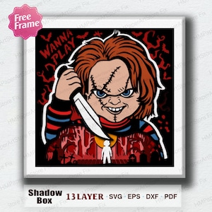 May include: A digital art print featuring a menacing cartoon character with red hair, blue eyes, and stitched scars, holding a knife. The words "WANNA PLAY" are above the character. The artwork has a horror theme.