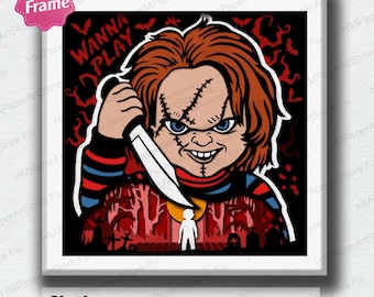 May include: A digital art print featuring a menacing cartoon character with red hair, blue eyes, and stitched scars, holding a knife. The words "WANNA PLAY" are above the character. The artwork has a horror theme.