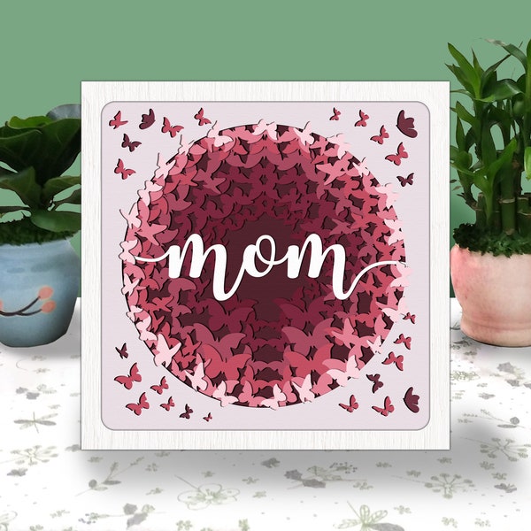 MOM Butterfly 3D Box Paper Cut Light Box Svg, Mother's Day Shadow Box Svg Cricut File Cutting Cricut, Mother's Day Floral Shadow Paper Cut