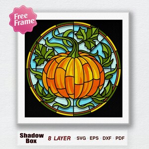 May include: A stained glass style illustration of a pumpkin with green leaves and vines. The pumpkin is orange and yellow with a light blue background. The image is in a circular frame.