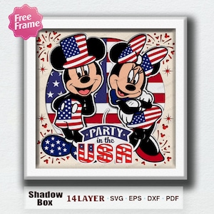 Party In The USA 4th Of July Shadow Box SVG, Patriotic Layered Design For Laser Cutting, Cute Mouse American Decor /K432