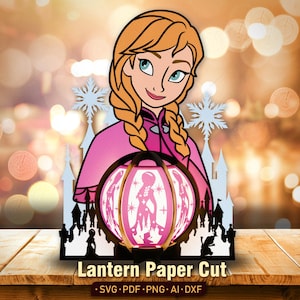 May include: A paper cut lantern featuring a cartoon character with orange hair and a pink cape. The lantern has a pink and white design, with a silhouette of a person inside. The base of the lantern has a black silhouette of a city. The text "Lantern Paper Cut" is at the bottom.