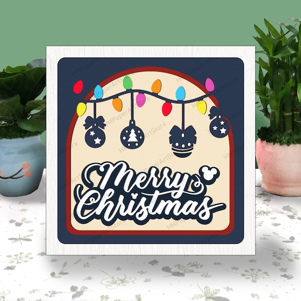 Merry Christmas 3D Box Paper Cut, Merry Christmas Light Box Svg,Christmas Light Shadow Box Svg For Cricut File Merry Christmas Cardstock Svg