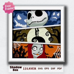 May include: A square shadow box featuring three horizontal panels. The top panel shows a white skull character on a blue background. The middle panel depicts two silhouettes against a large moon. The bottom panel shows a female character with red hair.
